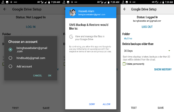 SMS Backup and Restore - Google Account Login Permission sms backup and restore in Hindi